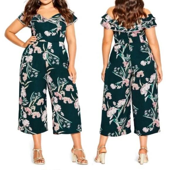 City Chic Fresh Field Floral Off the Shoulder Crop Wide Leg Jumpsuit 18 new - Picture 8 of 13